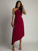 Elegant pleated dress with a flower, plum, AZRHP6987